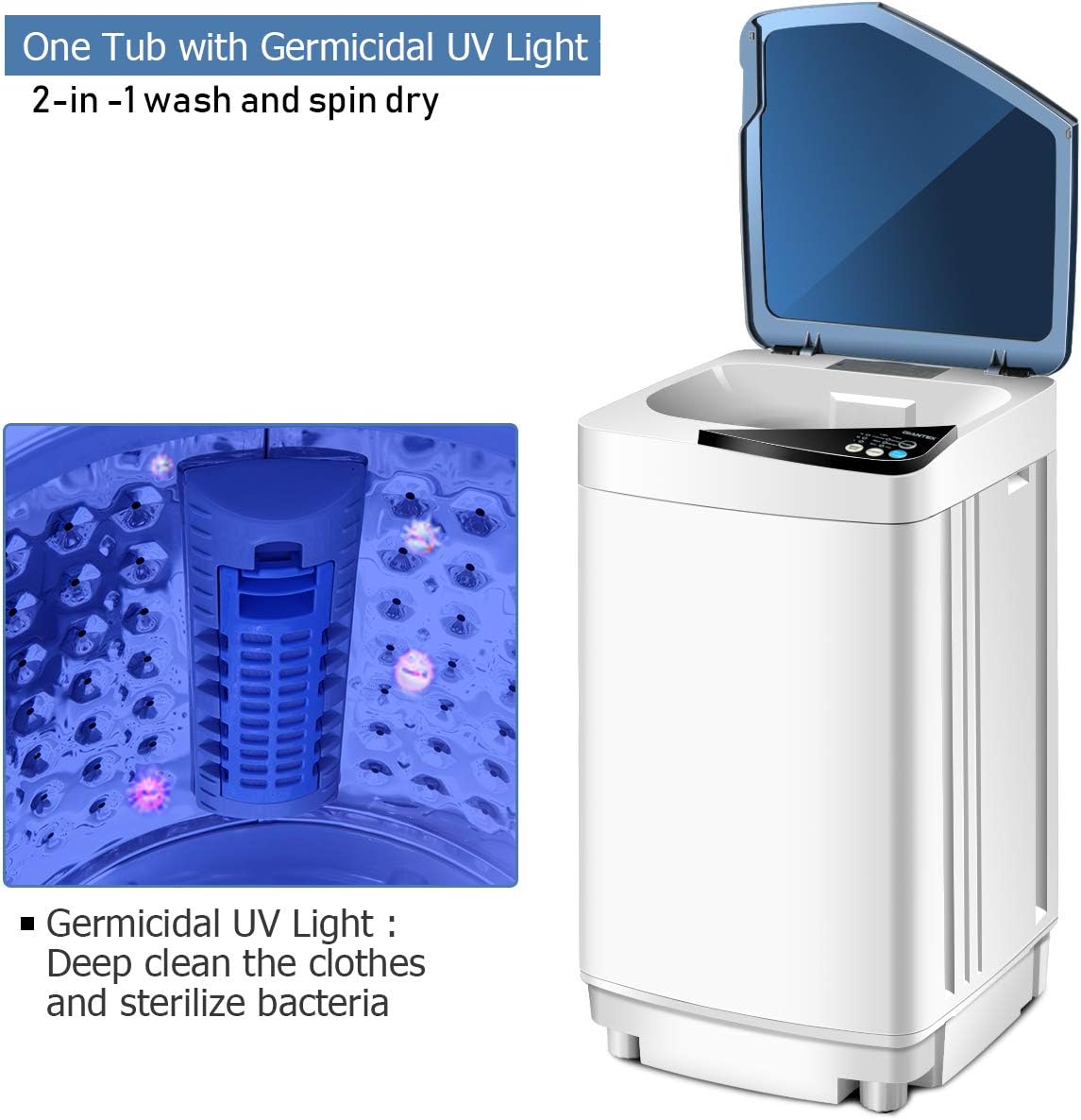 Giantex Full-Automatic Washing Machine Portable Washer and Spin Dryer 7.7 lbs Capacity Compact Laundry Washer with Built-in Barrel Light Drain Pump and Long Hose for Apartments Camping (White & Blue)
