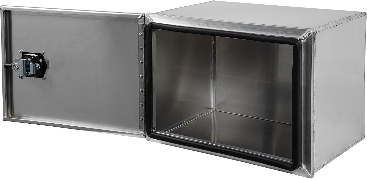 Buyers Products 1705401 Pro Series 18x18x24 Smooth Aluminum Underbody Truck Tool Box, Single Barn Door, Compression Latch, 0.125 in Thick, Rain Gutter & Bulb Seal, Bolt-On Stainless Hinge