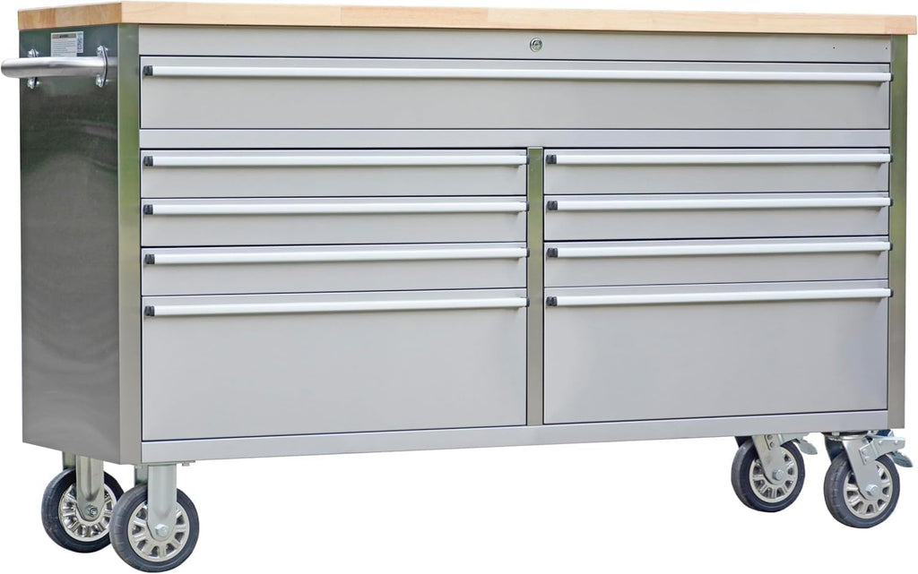 61'' Rolling Tool Chest with 9 Drawers and Wheels, Heavy-Duty Tool Cabinet, Mobile Workbench for Garage, Repair Shop and Tool Room, Stainless Steel Storage, Silver