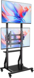 Rolling Dual TV Stand, Mobile TV Cart for Two 32-55 inch TVs with Storage and Lockable Wheels, Height Adjustable Portable TV Stand with Tilt Mount, Holds up to 132 lbs, Max VESA 600x400mm