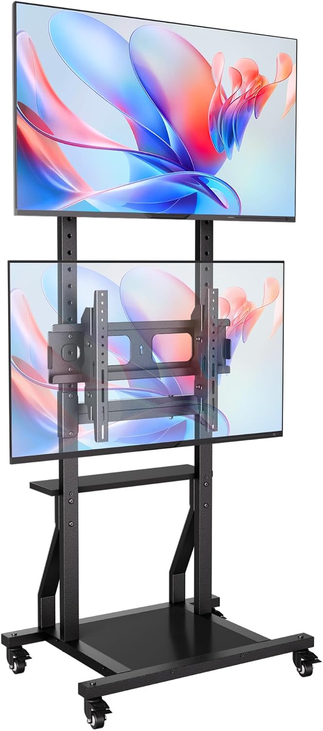 Rolling Dual TV Stand, Mobile TV Cart for Two 32-55 inch TVs with Storage and Lockable Wheels, Height Adjustable Portable TV Stand with Tilt Mount, Holds up to 132 lbs, Max VESA 600x400mm