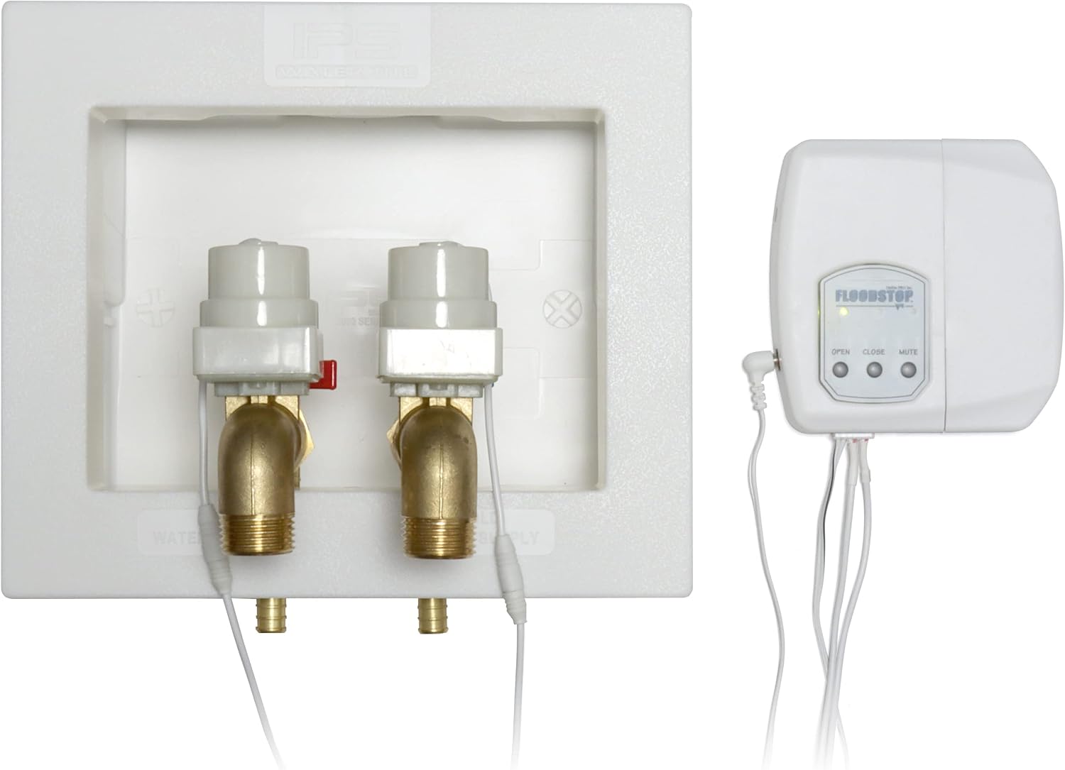 FloodStop NEW Washing Machine Leak Detector Kit with Automatic Water Shut-Off and Visual/Audible Alarms, 3/4' 90deg, Hot & Cold Valves