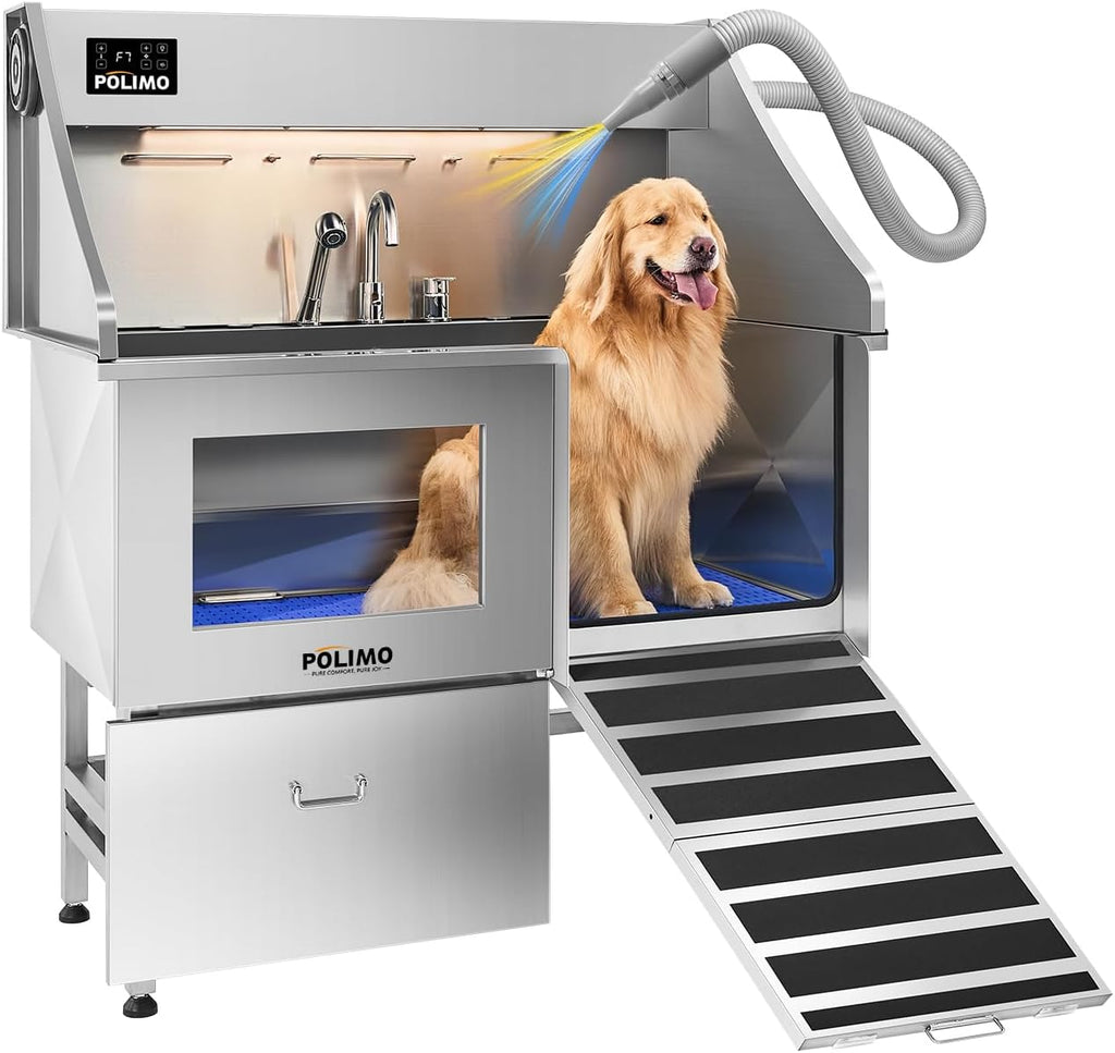 POLIMO Dog Washing Station with Built-in Pet Dryer and LED Display 50' (Right Ramp), 304 Stainless Steel Dog Bathtub for Large Medium Small Dogs, Wash and Dry Grooming Tub with Faucet, Storage Drawer