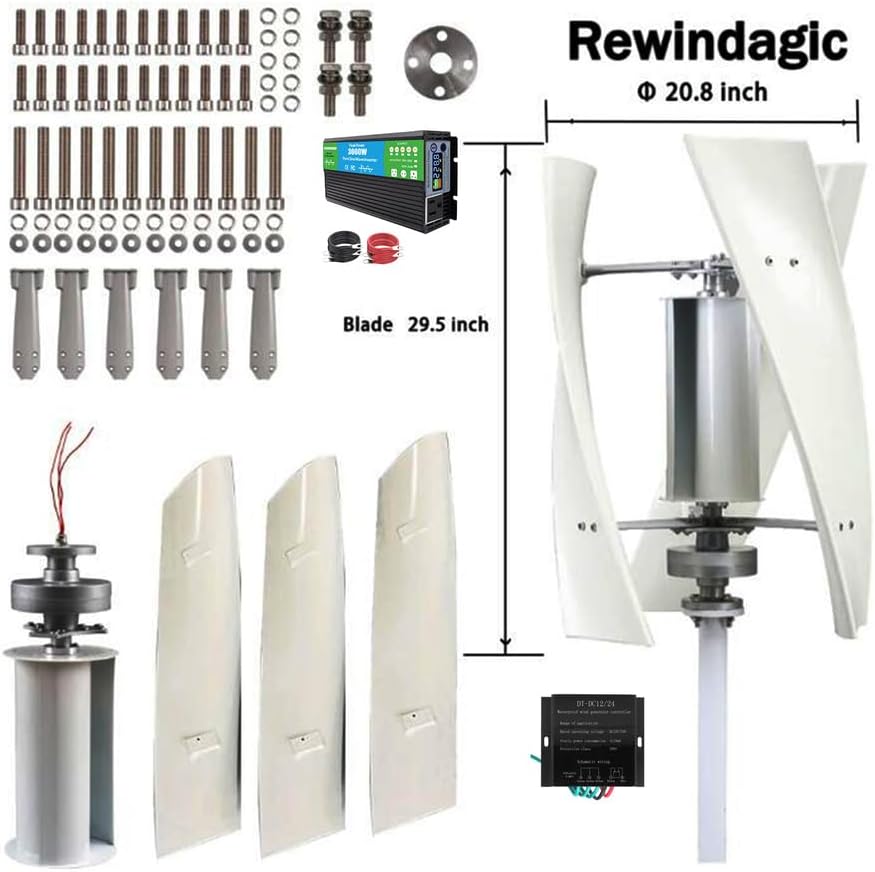 220v,HYZHANHONG Generator 3 Blades Motor Kit Windmill Energy Charge Turbines for Home Camping,12000W 12V 24V Vertical Axis Wind Turbines(With 3000W Inverter)