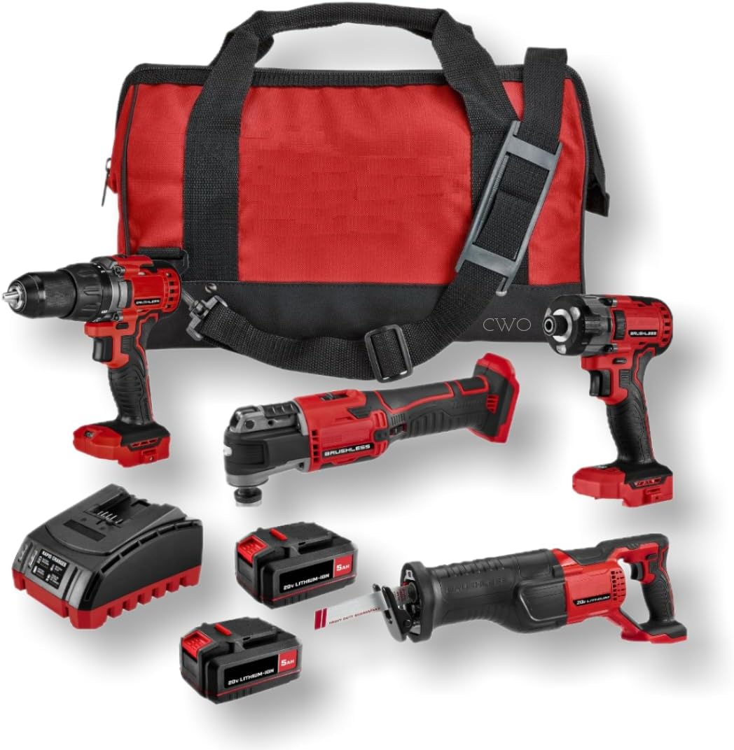 NEW! Fits BAUER 20-Volt Lithium-Ion Cordless Brushless Combo Kit (4-Tool Bundle) with (2) 5.0Ah High Capacity Batteries, Charger and Bag (Plus Bonus Gift 20 Volt Tool Included)