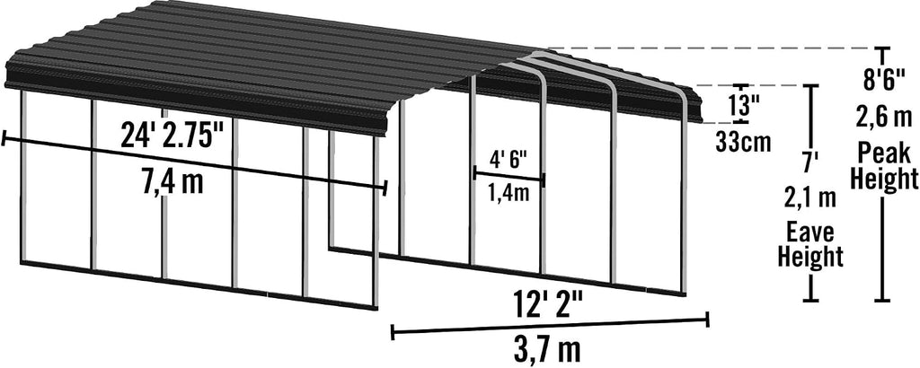 Arrow Carports Galvanized Steel Carport, Full-Size Metal Carport Kit, 12' x 24' x 7', Charcoal