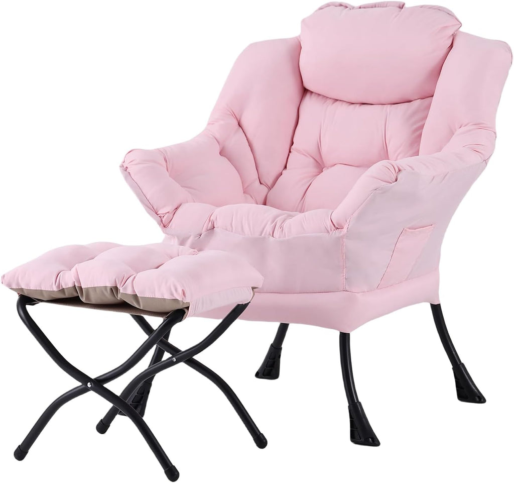 Welnow Pink Lazy Chair with Ottoman, Modern Reading Accent Chair with Armrests and a Side Pocket, Leisure Upholstered Lazy Sofa Set with Footrest for Small Space