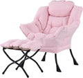 Welnow Pink Lazy Chair with Ottoman, Modern Reading Accent Chair with Armrests and a Side Pocket, Leisure Upholstered Lazy Sofa Set with Footrest for Small Space