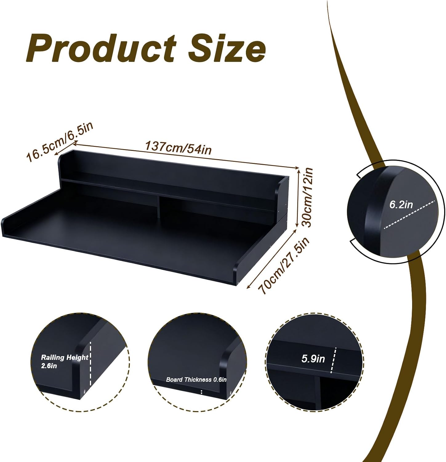 2-Tier Washer Dryer Countertop Washing Machine and Dryer toppe Wood Washer Dryer Counter with Shelf Laundry Countertops with Non-Slip Mat,for Folding Clothes,Black,L54×W27.5×H12