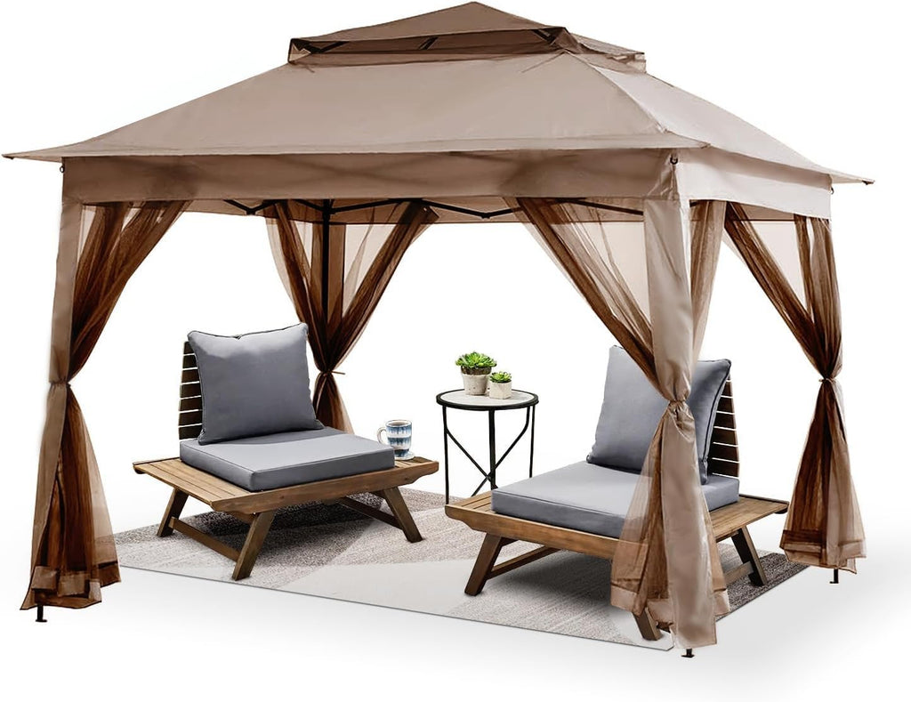 Patio Gazebo Outdoor Pop Up Gazebo with Curtains and Shelter for Patio, Party & Backyard (Kaki, 11x11)