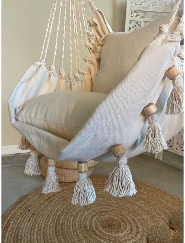 Cream White Hammock Chair, Macrame Hanging Chair for Bedroom, Porch or Balcony, Swinging Bed Seat, 53' L x 33' W, Cozy Relaxation Spot