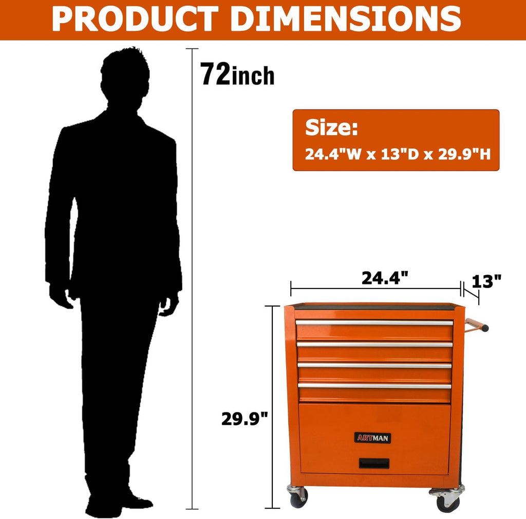 4-Drawer Tool Cart on Wheels, Drawers Rolling Tool Chest with 1 Cabinet, Mobile Trolley Organizer Tools Box with Locking Wheels & Ball Bearing Drawers for Garage,Warehouse,Repair Shop (Orange)