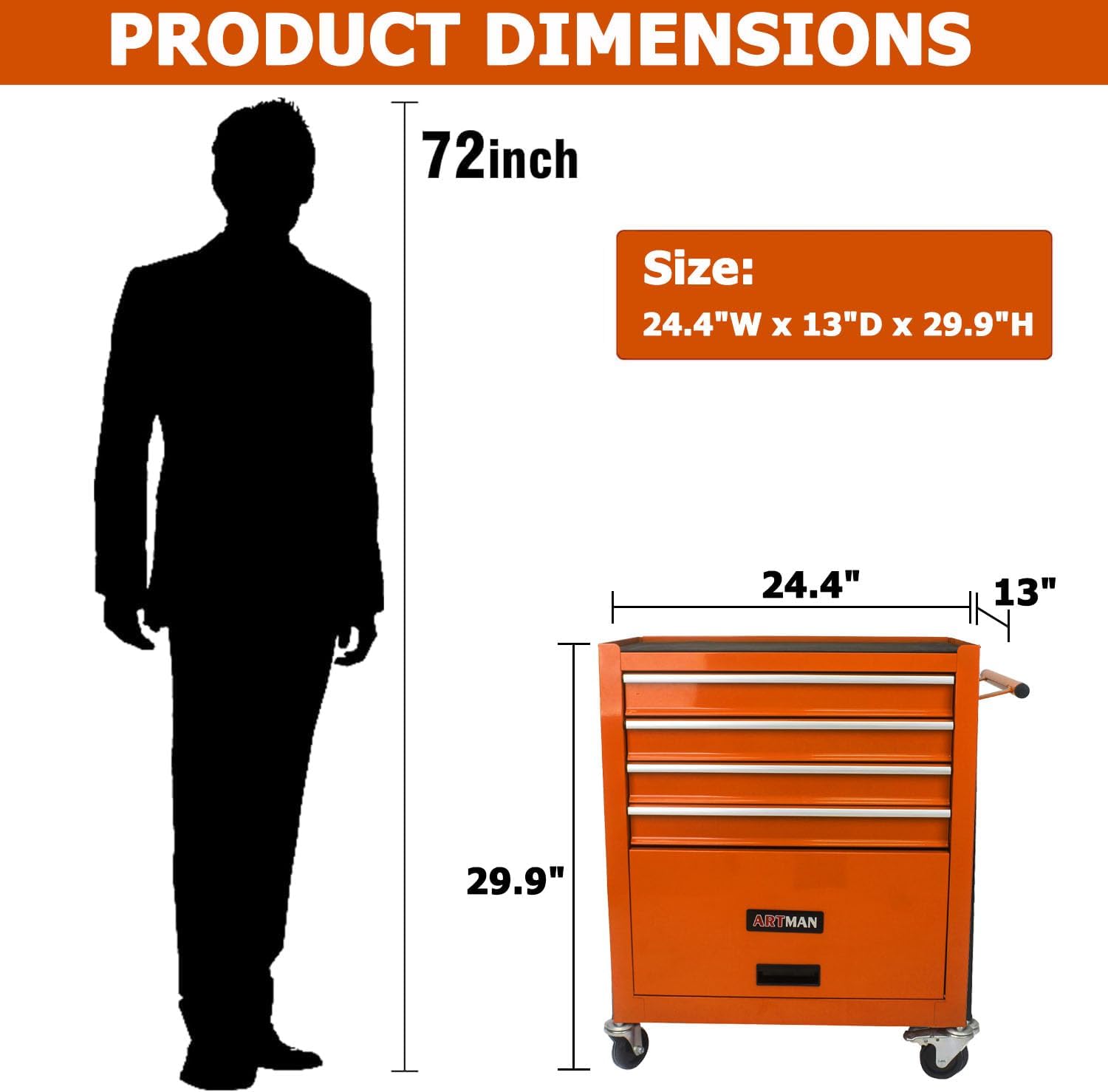 4-Drawer Tool Cart on Wheels, Drawers Rolling Tool Chest with 1 Cabinet, Mobile Trolley Organizer Tools Box with Locking Wheels & Ball Bearing Drawers for Garage,Warehouse,Repair Shop (Orange)