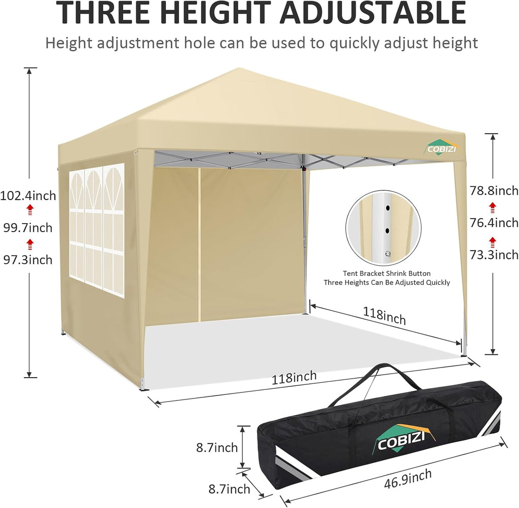 COBIZI 10x10 Pop Up Canopy Tent with 4 Sidewalls,10x10 Easy Up Waterproof Canopy Tents for Parties Camping Exhibition, Outdoor Easy Set U Gazebo Tent with Carry Bag,8 Stakes & 4 Ropes (Khaki)