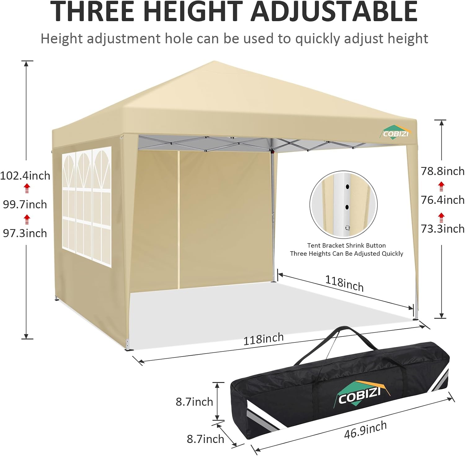 COBIZI 10x10 Pop Up Canopy Tent with 4 Sidewalls,10x10 Easy Up Waterproof Canopy Tents for Parties Camping Exhibition, Outdoor Easy Set U Gazebo Tent with Carry Bag,8 Stakes & 4 Ropes (Khaki)
