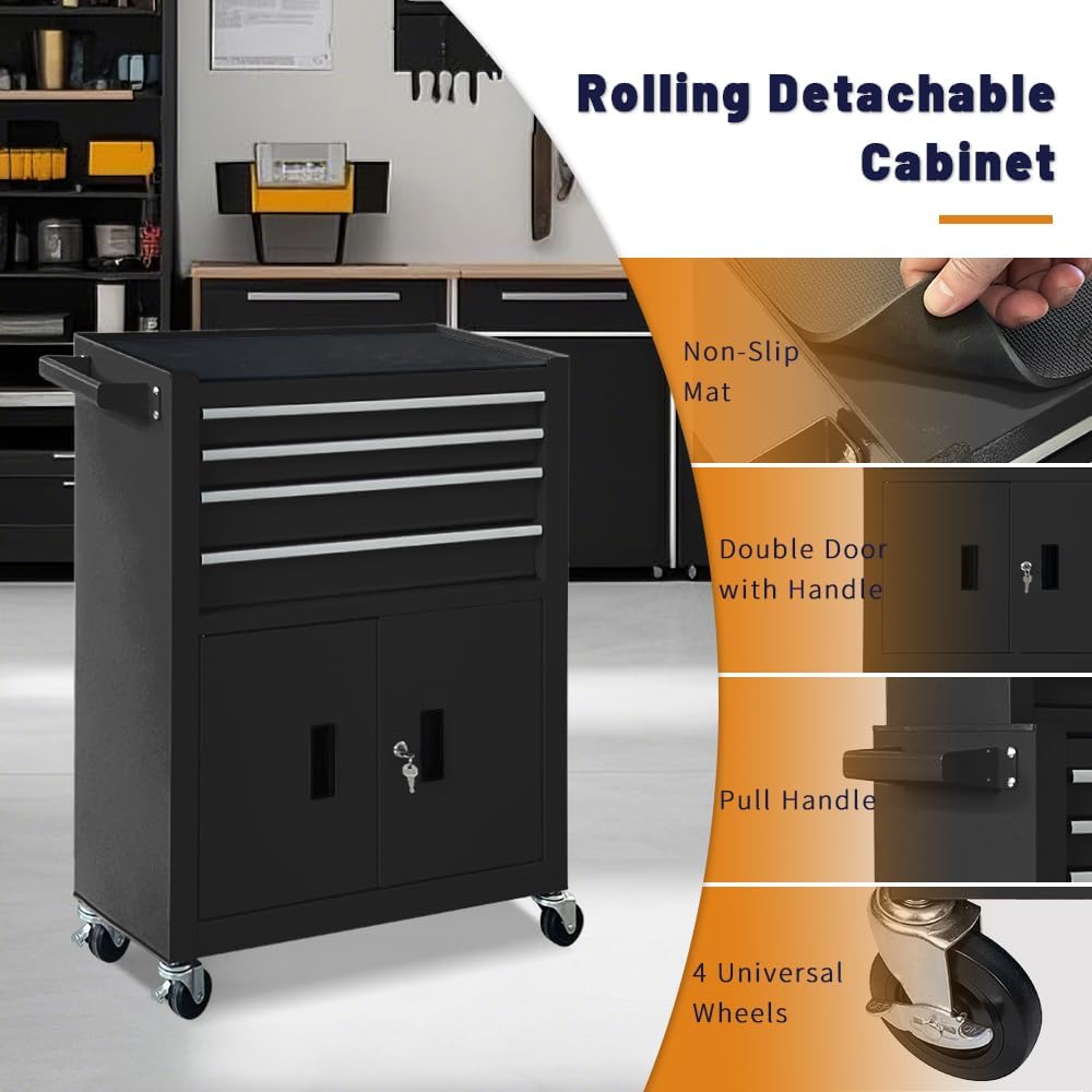 13-Drawer Rolling Tool Chest with Double Doors, 2 in 1 Detachable Rolling Tool Chest Combo, Mobile Tool Cabinet with Drawers, Metal Large Lockable Tool Box for Garage Workshop (Black)