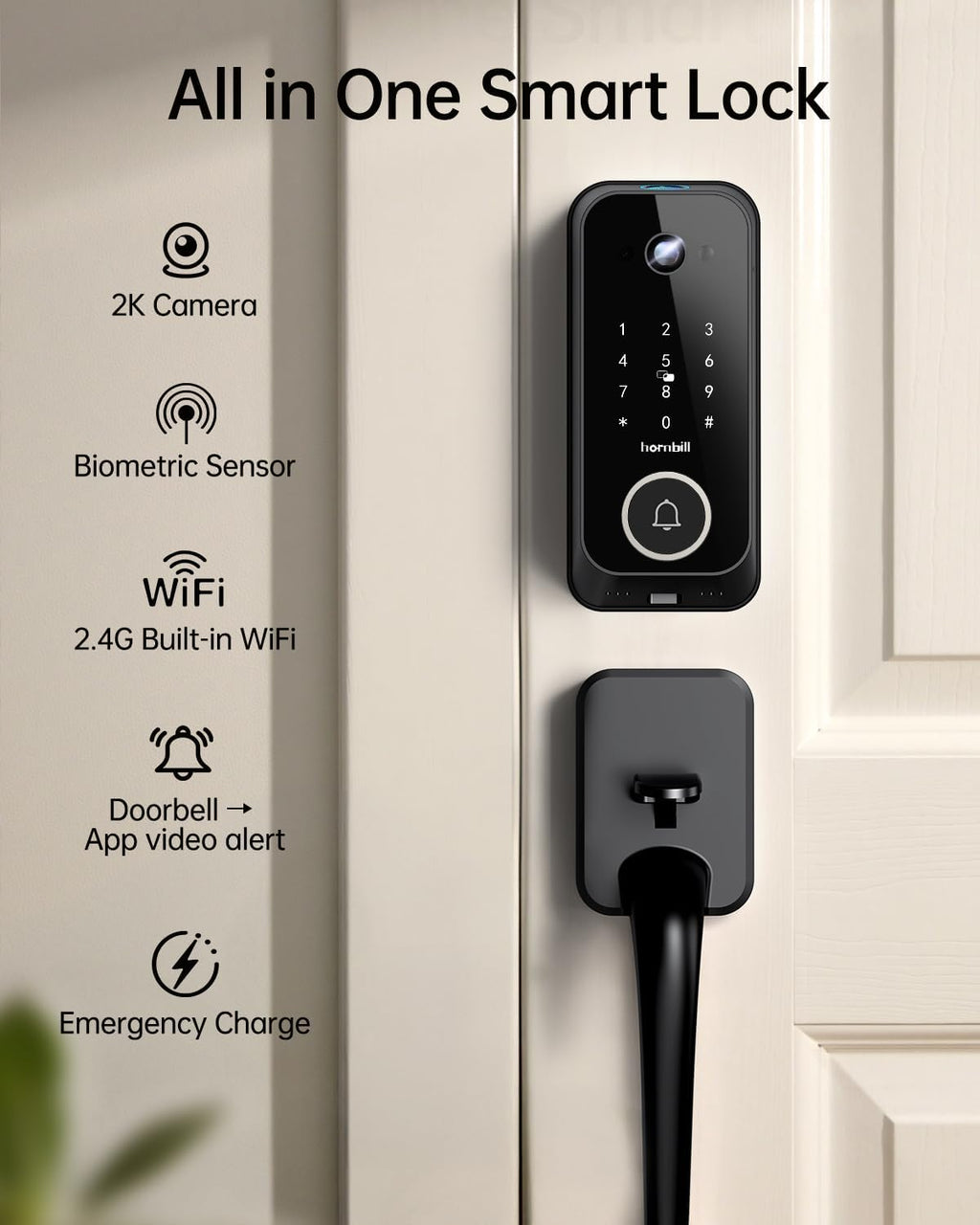 Smart Front Door Lock Sets: 2K HD Camera Lock with Doorbell Kits, Hornbill Fingerprint Keyless Entry Door Lock with Handles, WiFi Deadbolt(only 2.4G) for Remote Control, Free APP/Alexa/PIR, Black