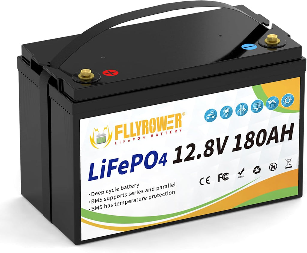 FLLYROWER 12V Lithium Battery 180AH With BMS and 16500 Deep Cycles 12V 180AH Lifepo4 Battery Grade A Cells for Marine Trolling Motor RV camping Solar Golf Cart Off-Grid