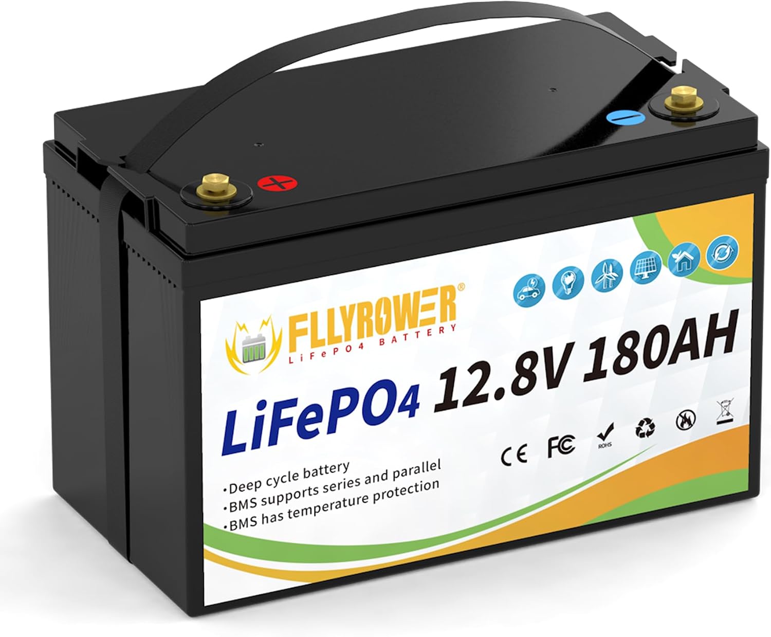 FLLYROWER 12V Lithium Battery 180AH With BMS and 16500 Deep Cycles 12V 180AH Lifepo4 Battery Grade A Cells for Marine Trolling Motor RV camping Solar Golf Cart Off-Grid