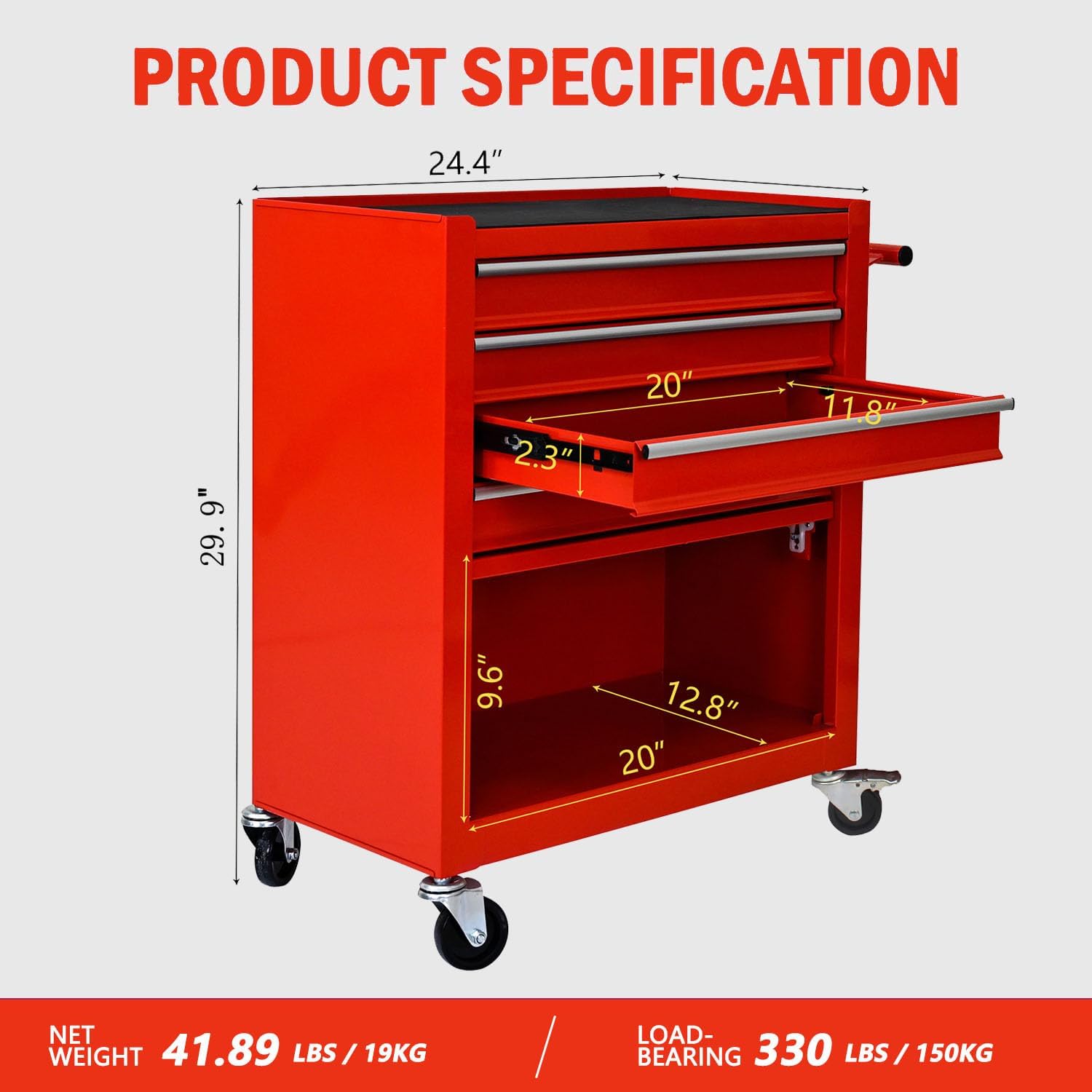 4-Drawer Tool Cart on Wheels, Drawers Rolling Tool Chest with 1 Cabinet, Mobile Trolley Organizer Tools Box with Locking Wheels & Ball Bearing Drawers for Garage,Warehouse,Repair Shop (Red)