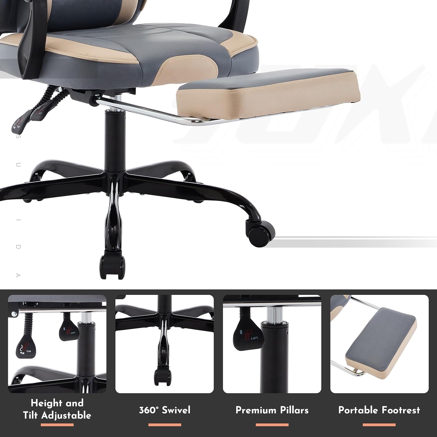 Gaming Chair with Massage and Footrest, Ergonomic High Back PC Racing Chair, 300LBS Capacity with Adjustable Lumbar Support & Headrest for Office and Desk (Model E, Beige+Blue)