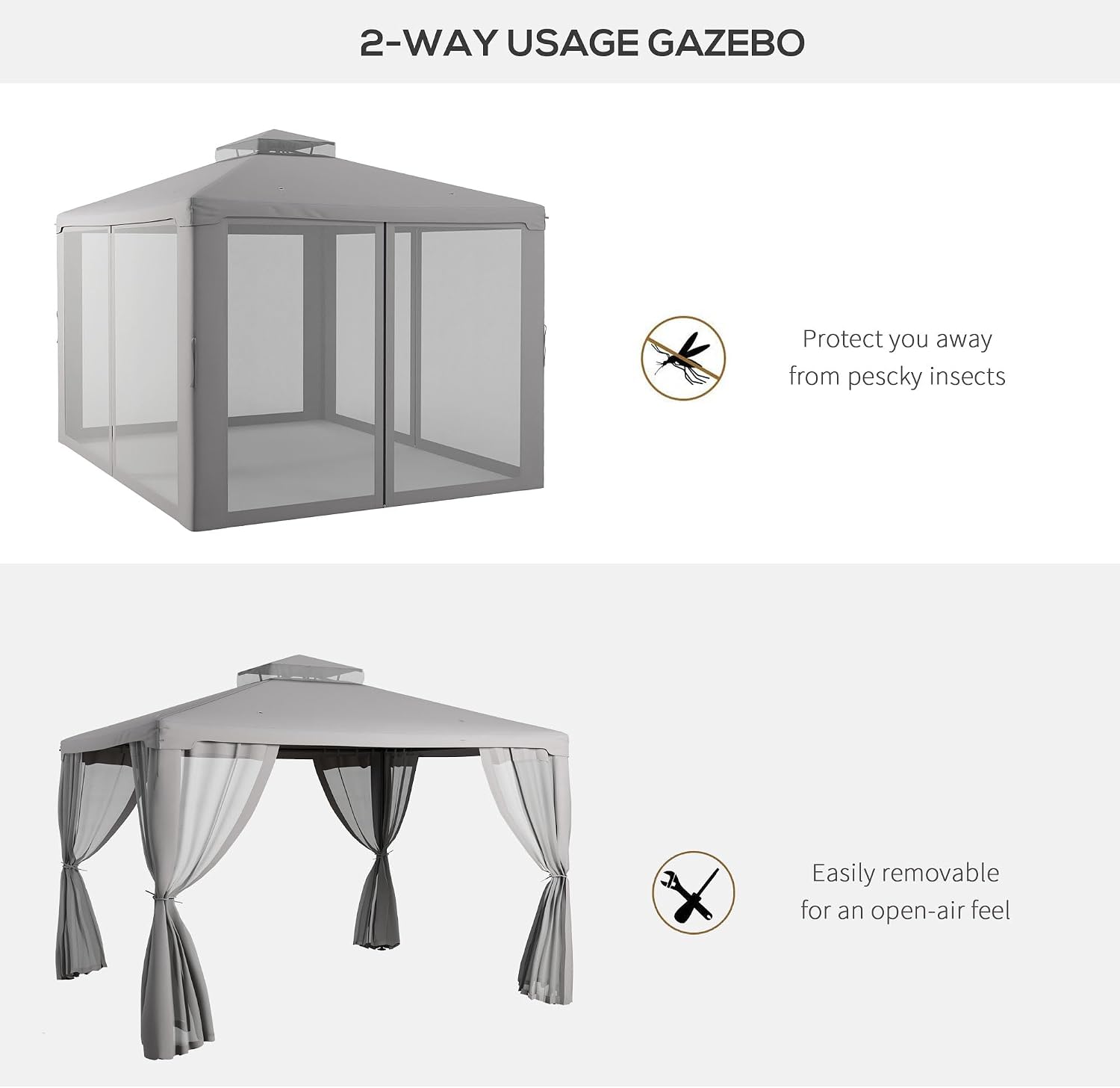 Outsunny 9.6' x 11.6' Patio Gazebo, Outdoor Canopy Shelter with 2-Tier Roof and Netting, Steel Frame for Garden, Lawn, Backyard, and Deck, Gray