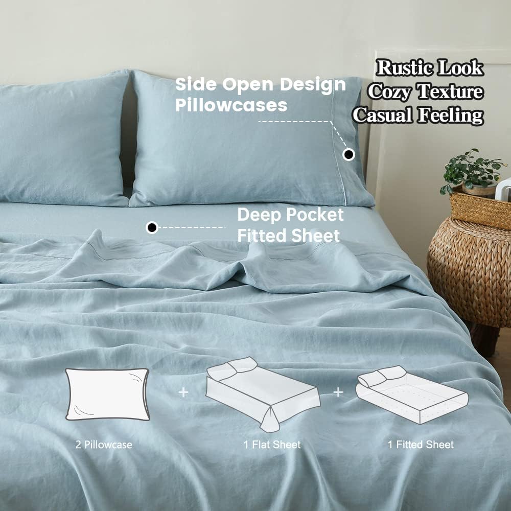 Simple&Opulence 100% Linen Sheet Set with Embroidery Washed - 4 Pieces (1 Flat Sheet & 1 Fitted Sheet & 2 Pillowcases) Natural Flax Soft Bedding Breathable Farmhouse - Dusty Blue, Queen Size