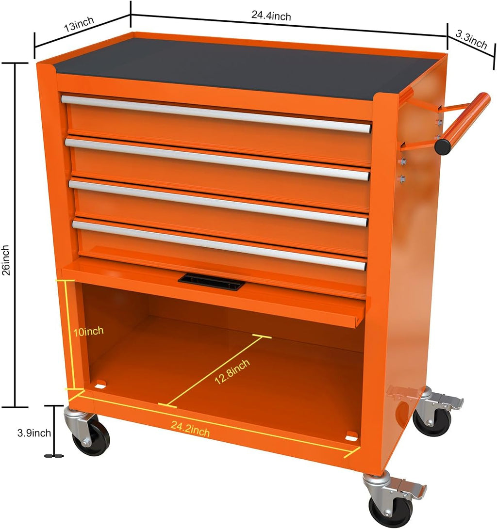 Holaki 4-Drawer Tool Cart on Wheels, Rolling Tool Box Tool Storage,Heavy Duty Utility Industrial Service Cart Organizer Tool Case with Locking System, for Mechanic, Warehouse, Garage,Workshop(Orange)