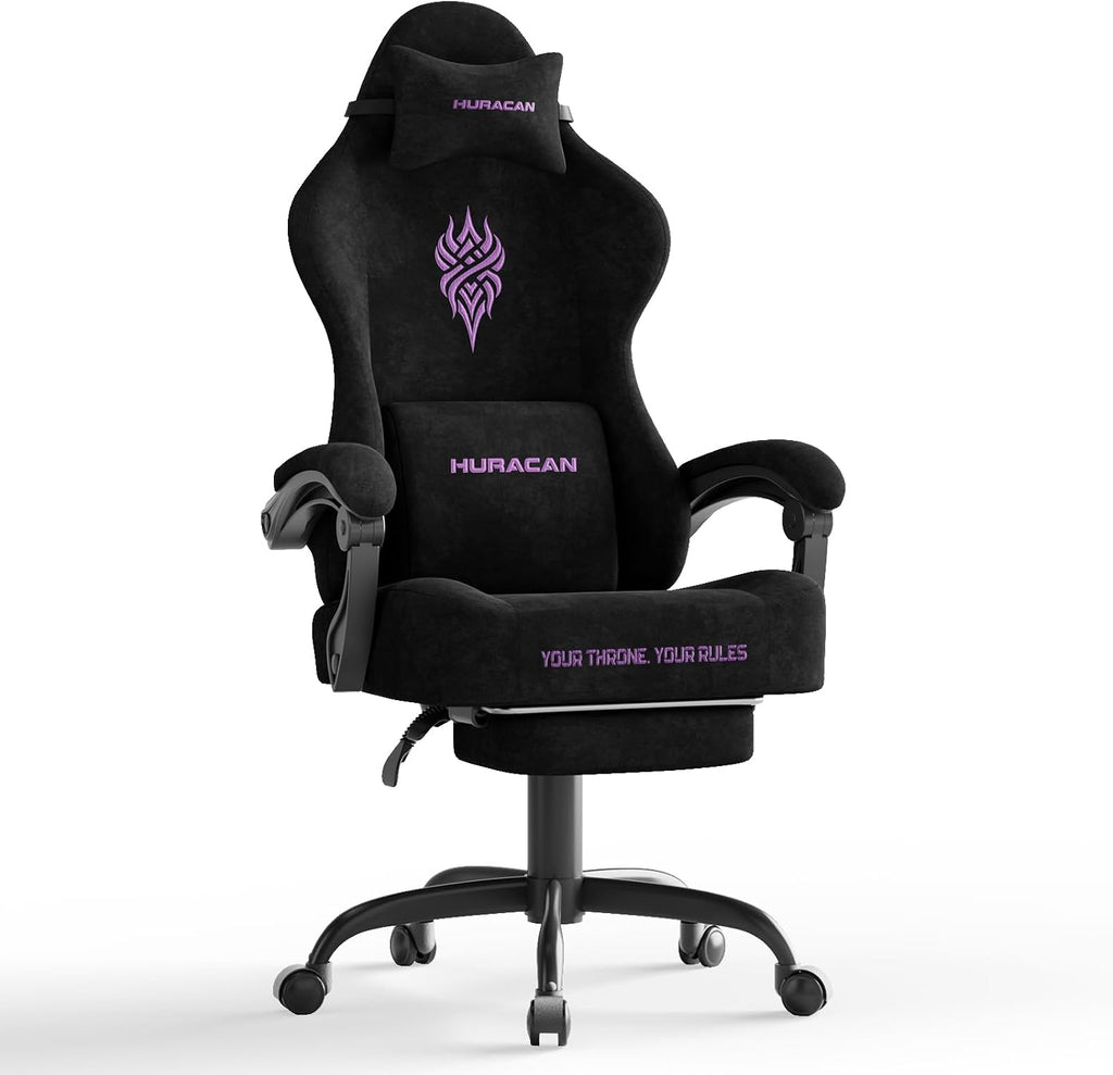 Ferghana Velvet Fabric Gaming Chair with 20.5″ Wider Seat Cushion, Fire Embroidery Ergonomic High Back Game Chair with Footrest, Computer Chair with Massage Lumbar Support for Adult, Black