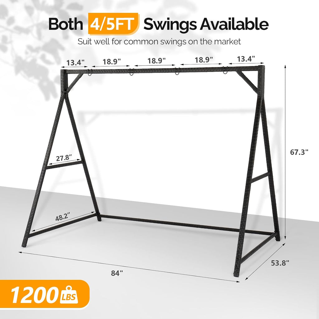 VINGLI Upgraded 7 FT Rattan Porch Swing Frame, Heavy Duty 1200 LBS Weight Capacity Swing Stand for Outdoors, Black