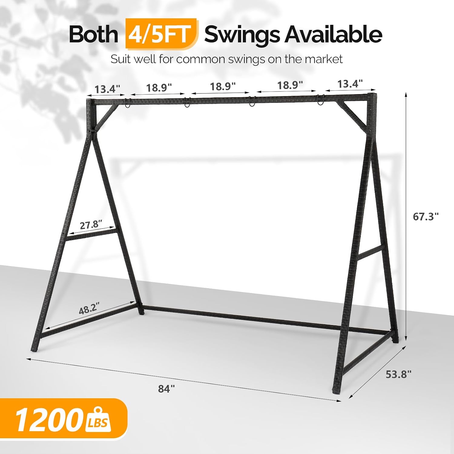 VINGLI Upgraded 7 FT Rattan Porch Swing Frame, Heavy Duty 1200 LBS Weight Capacity Swing Stand for Outdoors, Black