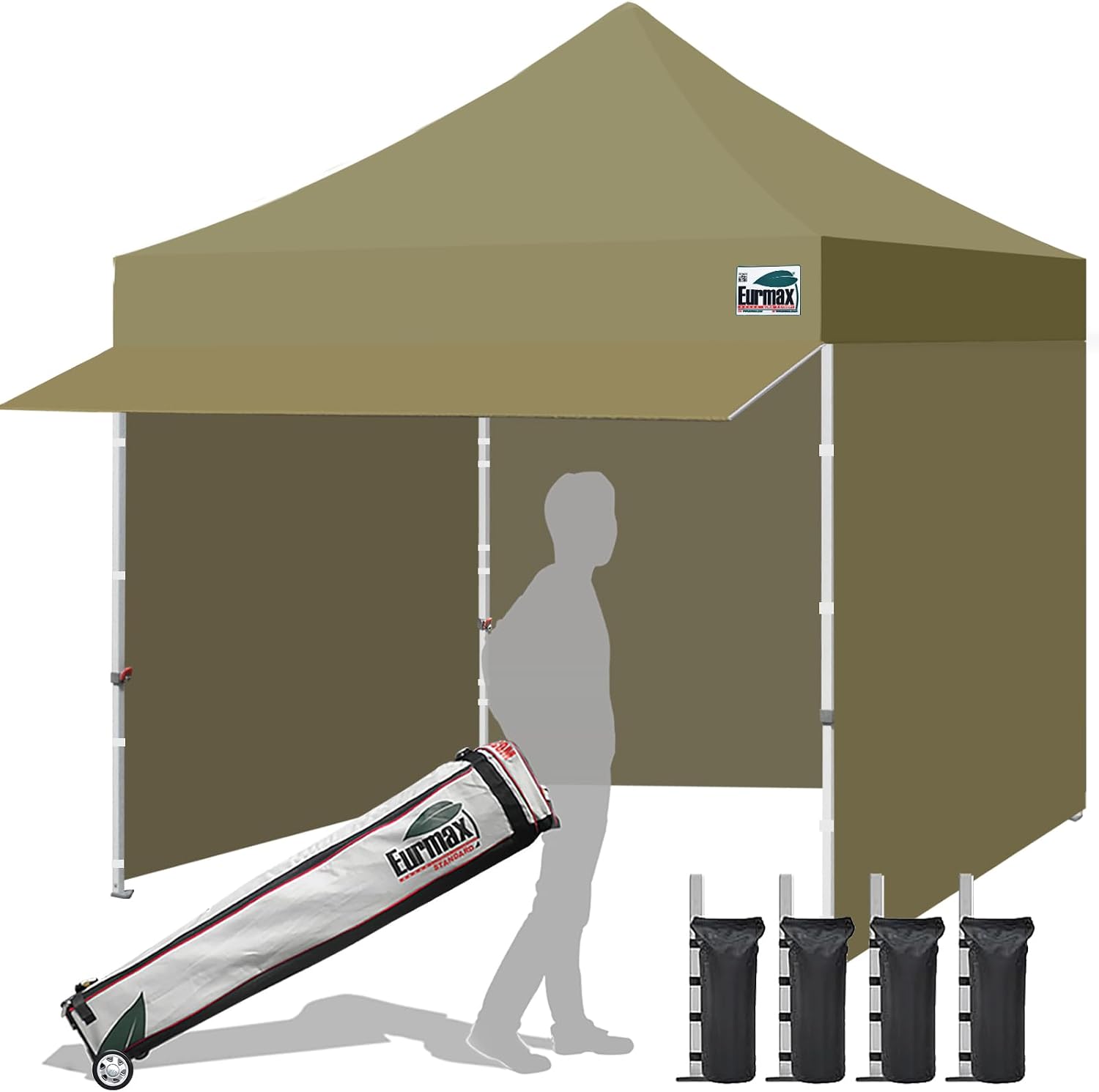 Eurmax USA 10x10 Pop Up Canopy,Commercial Tent with Patented No-Tip Rolling Bag,24sqft Extension Awning & 4 Zippered Removable Walls,UV & Water Resistant,Heavy Duty Instant Shelter Gazebo,Khaki