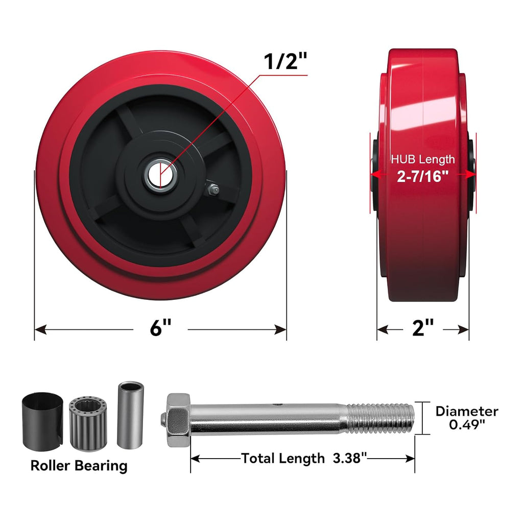6 Inch Caster Wheels, Polyurethane on Polyolefin core Wheel with Roller Bearing- 1/2' Bore - 1000 lbs Capacity per Wheel, Replacement Caster Wheel for Industrial/Commercial (10 Pack)