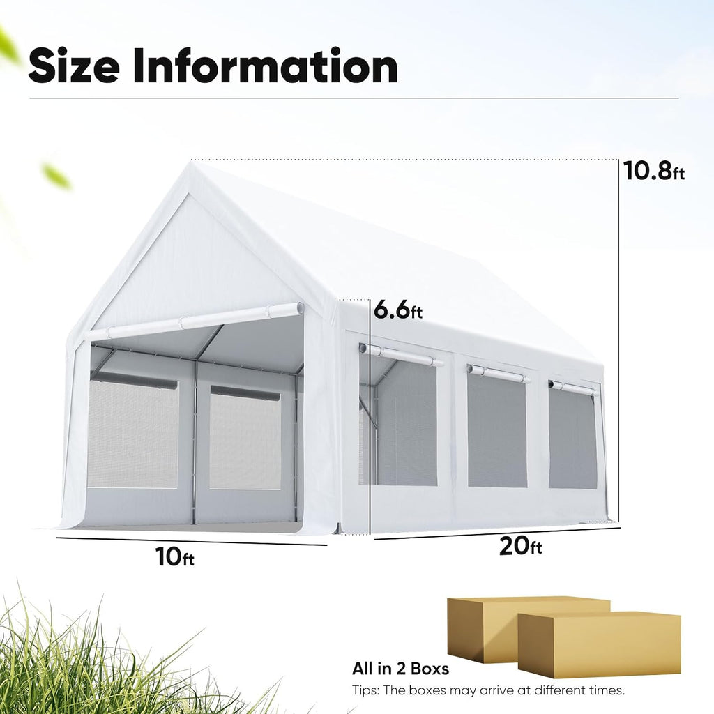 Quictent 10x20 ft Heavy Duty Carport Canopy, Waterproof Outdoor Shelter with Ultra-High Peak & Ventilation Windows, Portable Garage for Parking, Storage, Events & Wedding, Whtie