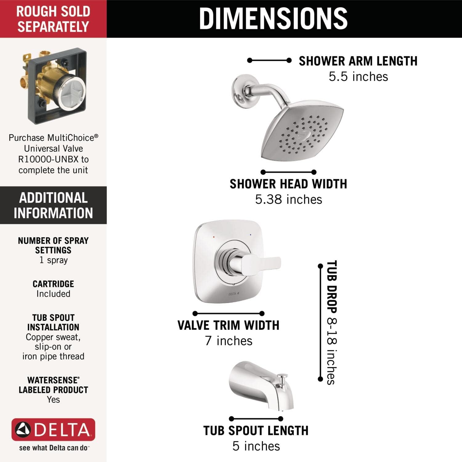 Delta Faucet Modern Single-Handle Chrome Tub and Shower Trim Kit, Shower Faucet with Single-Spray Touch-Clean Shower Head, Chrome T144339-PP (Valve Not Included)
