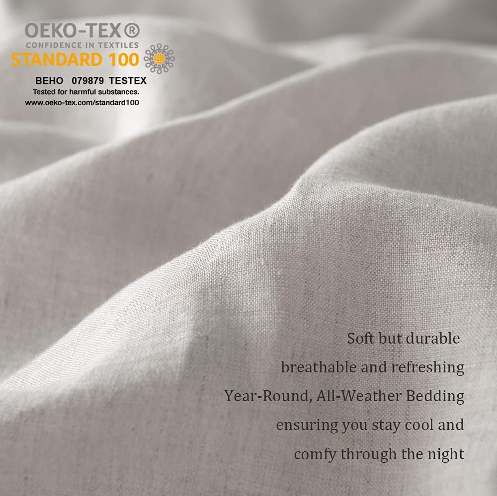 MEADOW PARK 100% Stone Washed Linen Duvet Cover Set 3 Pieces, Queen Size 90 inches x 92 inches, Shams 20 inches x 26 inches, Ruffled Style, Button Closure, Corner Ties, Super Soft, Solid Natural color