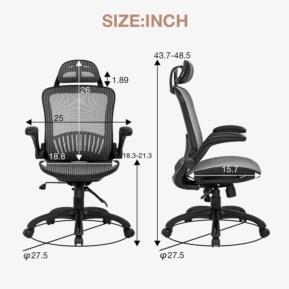 Office Chair Ergonomic Desk Chair Mesh Computer Chair with Lumbar Support Headrest Flip UP Arms Rolling Swivel Adjustable Task Chair for Adults(Grey)