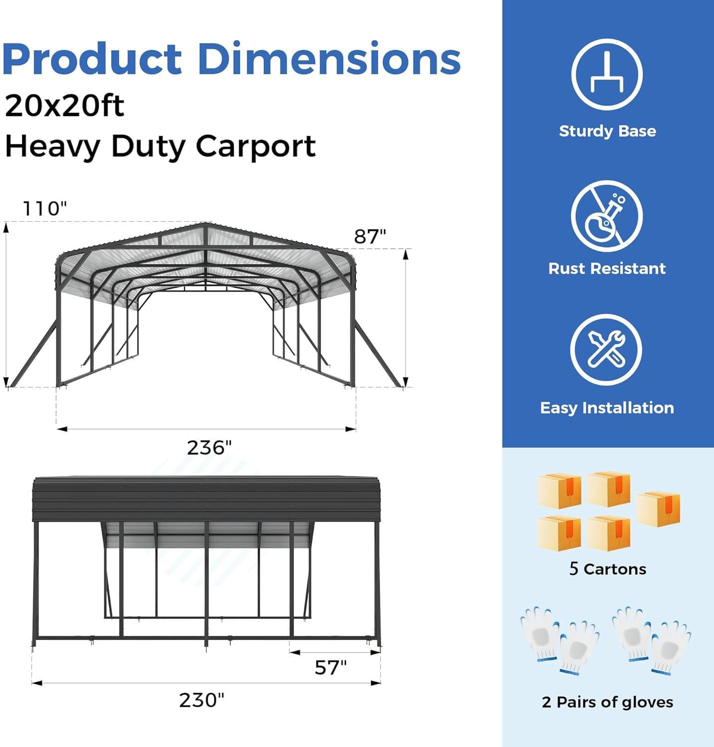 AirWire 20'x20' Heavy Duty Carport Canopy for 2 Car, Metal Car Port Garage with Galvanized Steel Roof and Reinforced Stable Triangle Frame Base, Large Car Tent Shelter for Car, Pickup, Tractor, Boat