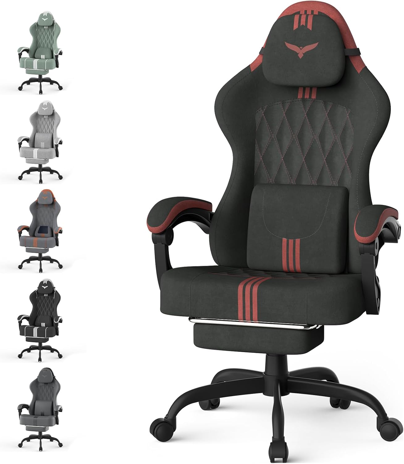 Ferghana Velvet Fabric Gaming Chair with Wider Seat Cushion, Diamond Double-Stitching Ergonomic High Back Game Chair with Footrest, Computer Chair with Massage Lumbar Support for Adult, Black/Red