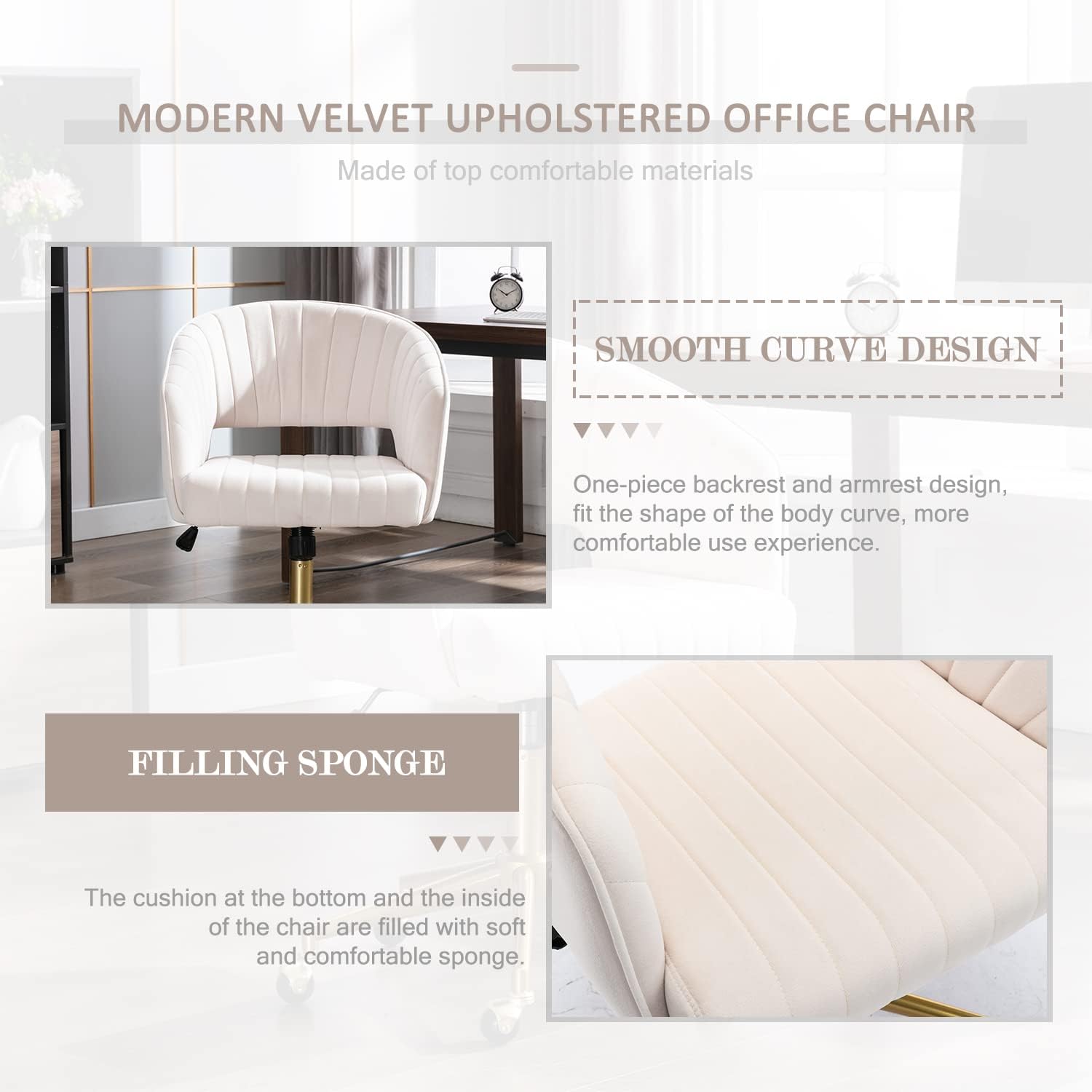 Eifizek Velvet Office Desk Chair, Modern Home Desk Chair with Wheels & Gold Base, Swivel Vanity Chair for Bedroom, Office, Living Room Vanity Study (Ivory)