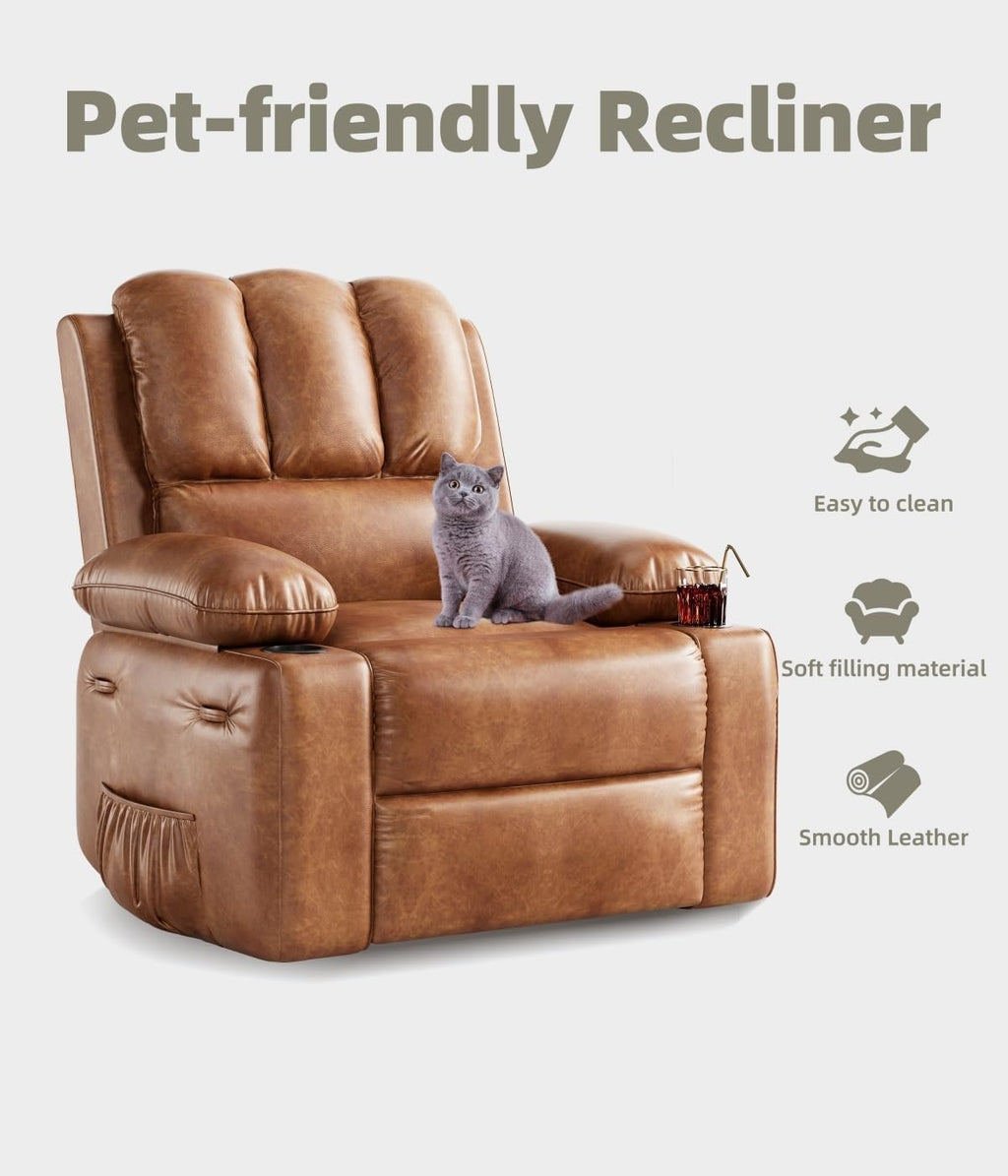 Oversized Recliner Chairs with Massage and Heat, Leather Recliner Chair for Adults, Manual Chair with Cup Holder for Living Room, Bedroom and Nursery (Coffee-1)