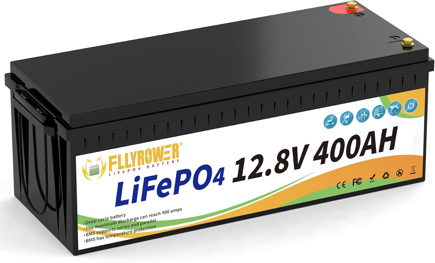 FLLYROWER 12V Lithium Battery 400AH with BMS and 16500 Deep Cycles 12V 400AH Lifepo4 Battery Grade A Cells for Marine Trolling Motor RV Camping Solar Golf Cart Off-Grid