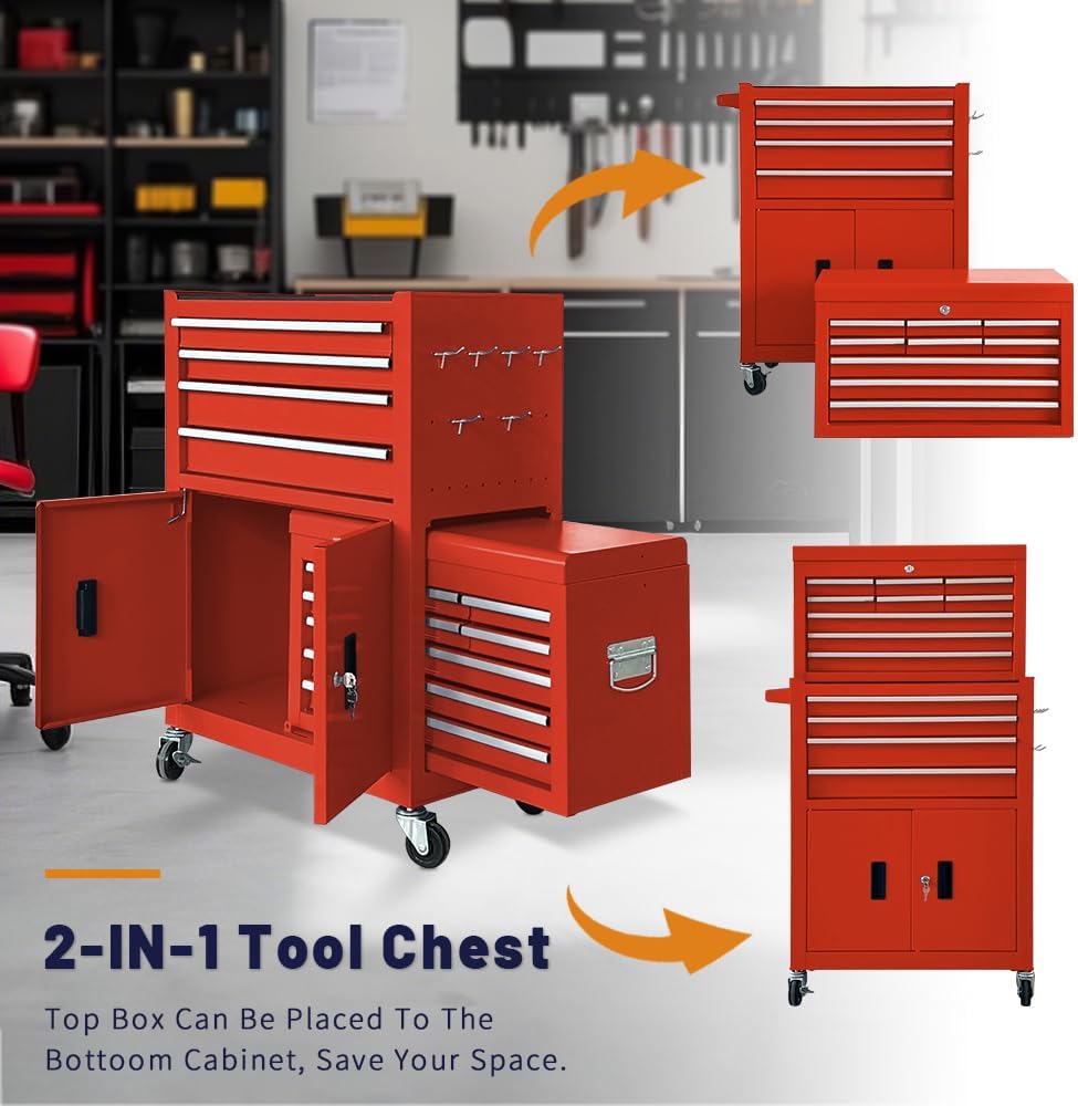 13-Drawer Rolling Tool Chest with Double Doors, 2 in 1 Detachable Rolling Tool Chest with Drawers, Metal Large Lockable Tool Box，Mobile Tool Cabinet Combo for Garage Workshop (Red)
