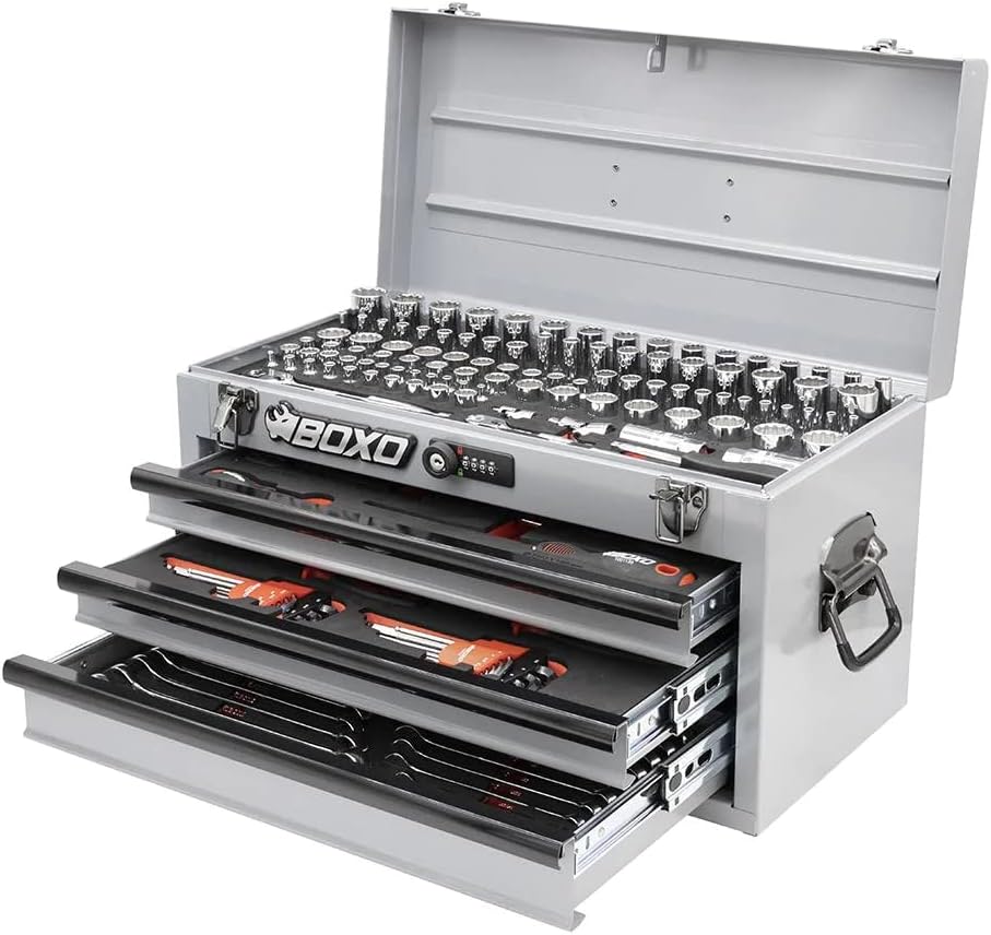 BOXO USA Heavy Duty Toolbox 159 pcs Metric & SAE Locking Tool Set with 3 Drawers Hand Carry Box (Nardo Gray)