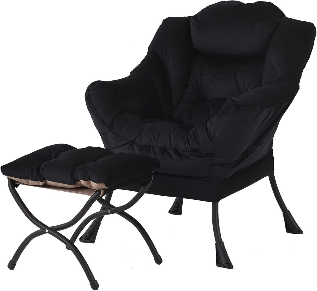 Welnow Lazy Chair with Ottoman, Modern Accent Chair with Armrests and a Side Pocket, Leisure Sofa Armchair, Reading Armchair with Footrest for Small Space, Black