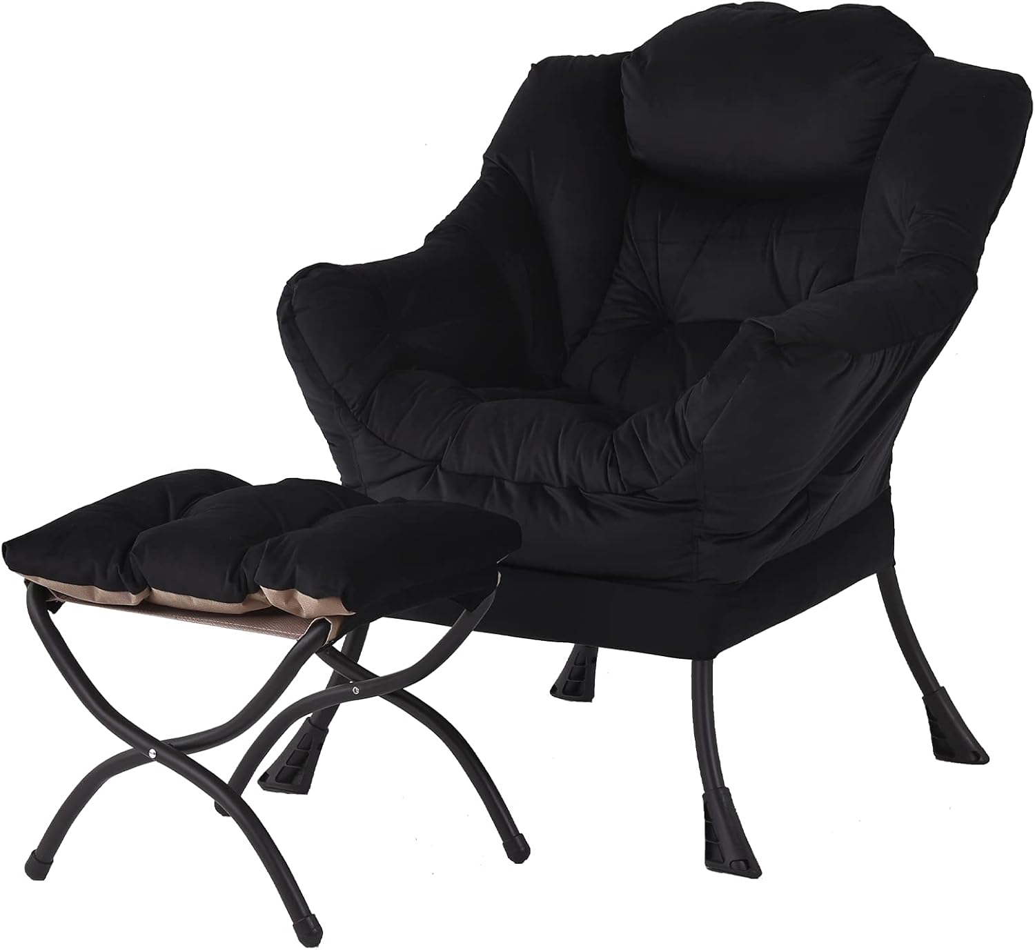 Welnow Lazy Chair with Ottoman, Modern Accent Chair with Armrests and a Side Pocket, Leisure Sofa Armchair, Reading Armchair with Footrest for Small Space, Black