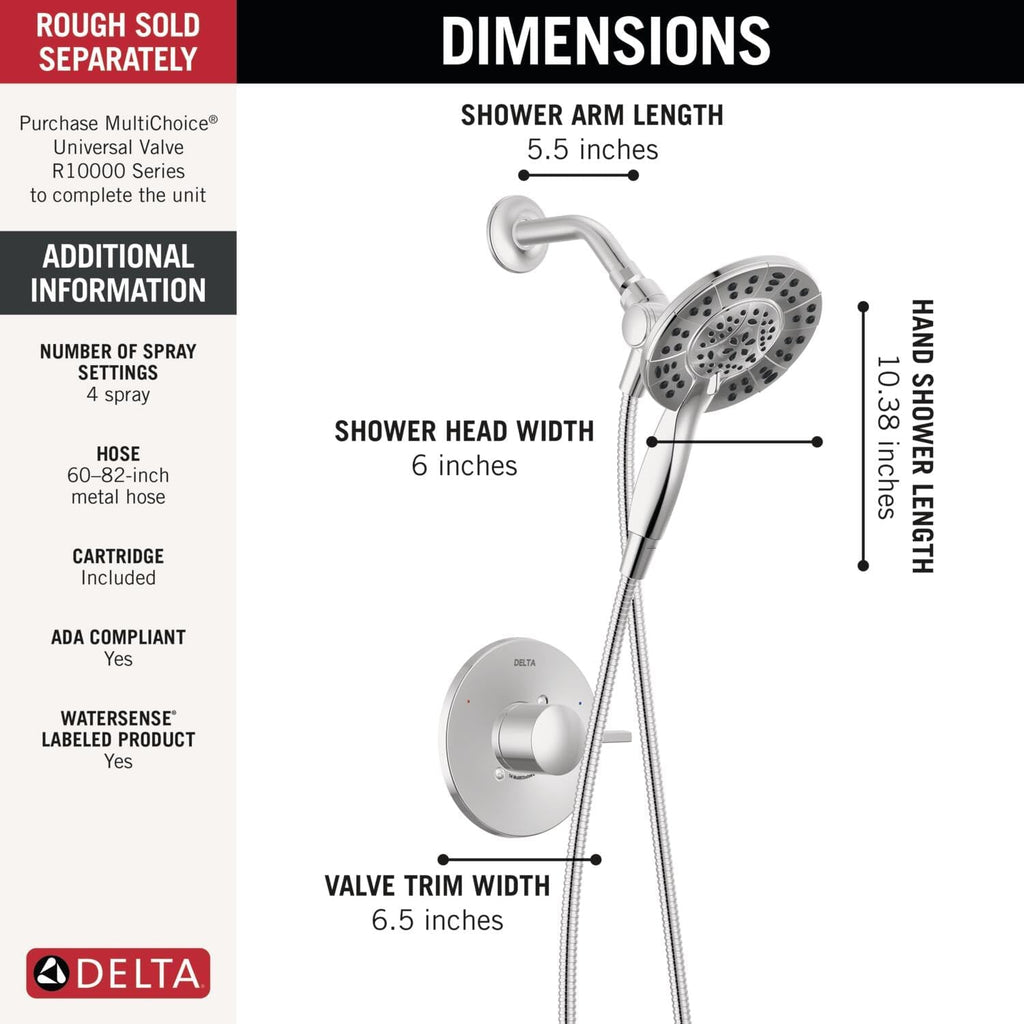 Delta Albion 14 Series Chrome Shower Faucet Set with In2ition 2-in-1 Dual Shower Head with HandHeld Spray Combo, Valve Trim Kit, Chrome T142855-I (Valve Not Included)