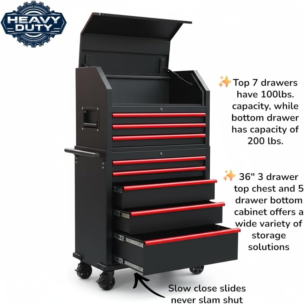 Industrial Grade 8-Drawer Tool Chest and Cabinet Combo, Rolling Casters, Black with Red Accents, 18' D x 36' W x 68' H.Perfect Addition to Any Work Area or Garage.