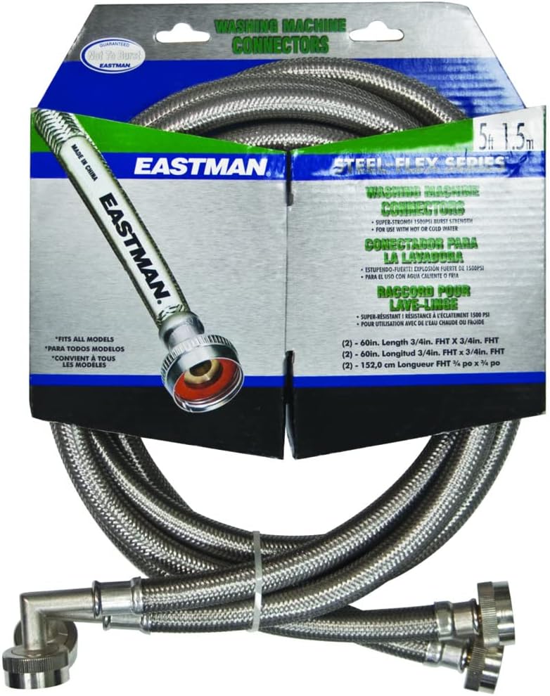 Eastman 5 ft Washing Machine Hose Connectors with Elbows, Pack of 2, 3/4 in FHT x 3/4 in FHT, Braided Stainless Steel, 41065 (Pack of 24)