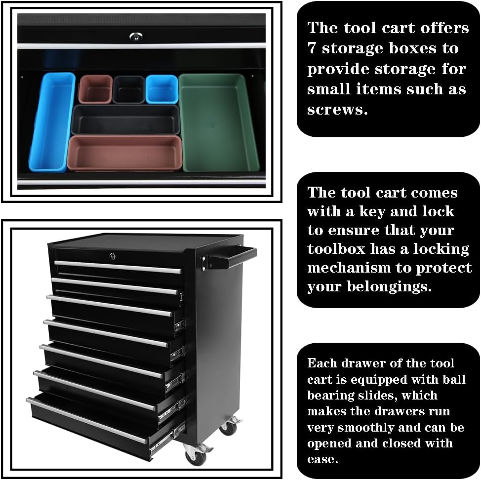 7 Drawer Rolling Tool Cart, Rolling Tool Box on Wheels, Lockable Home Repair Tool Storage Organizer, Tool Chest Cabinet for Mechanic Garage, Workshop, Home Crafts Use (Black, 7 Drawer)